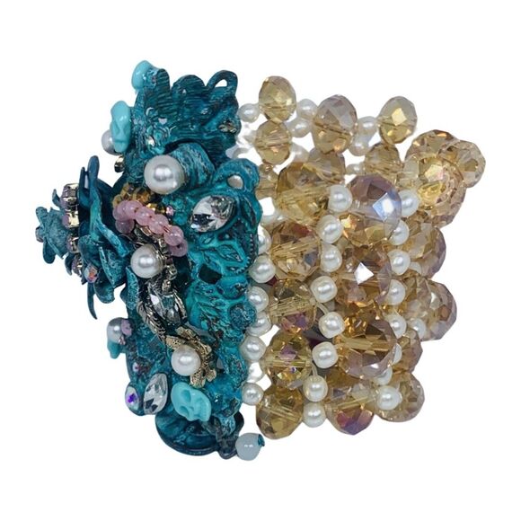 Betsey Johnson Blue Crystal Skull Statement Bracelet 7"  Flower TEAL PATINA - Picture 8 of 14